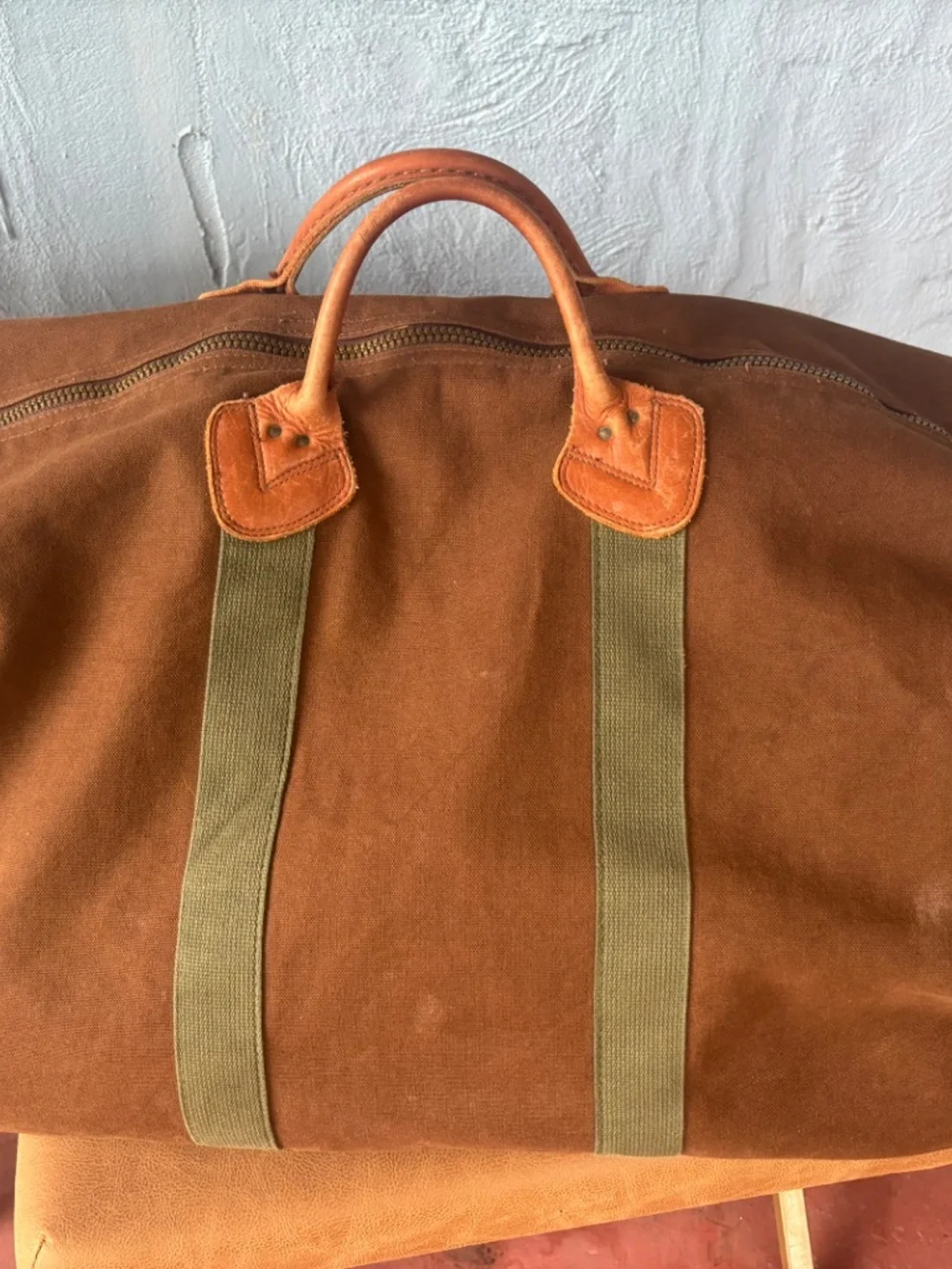 Vintage Extra Large LL Bean Canvas & Leather Zipper Duffle Bag 80s brown tote XL